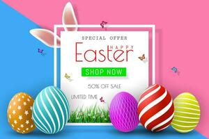 Easter Sale Illustration with Color Painted Egg and Typography Element on Abstract Background. Vector Holiday Design Template for Coupon, Banner, Voucher or Promotional Poster