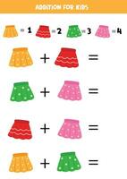 Addition for kids with different cute colorful skirts. vector