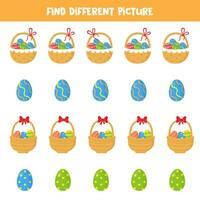 Find different Easter basket and Easter egg in each row. Logical game for preschool kids. vector