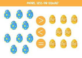 Grater, less or equal with cartoon colorful Easter eggs. vector