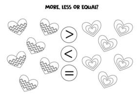 Grater, less or equal with cartoon black and white valentine day hearts. vector