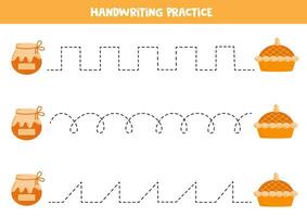 Tracing lines for kids. Cartoon apple pie and jam jar. Handwriting practice. vector