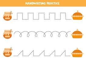 Tracing lines for kids. Cartoon apple pie and jam jar. Handwriting practice. vector