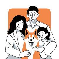 contento familia con perro vector ilustración en plano línea dibujos animados estilo