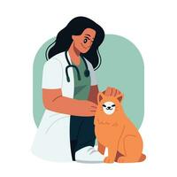 veterinario médico con gato vector ilustración en plano línea dibujos animados estilo