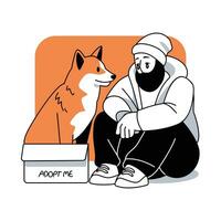 Homeless man sitting with a stray dog in box Vector illustration in flat line cartoon style