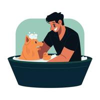 hombre tomando un bañera con un perro vector ilustración en plano línea dibujos animados estilo