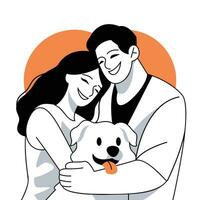 contento Pareja abrazando con perro vector ilustración en plano línea dibujos animados estilo