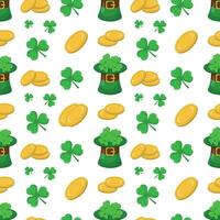 Seamless pattern for St. Patrick's Day with hats,coins and shamrocks on  white background. Irish background.Spring Celtic festival.Vector color illustration vector