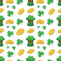 Seamless pattern for St. Patrick's Day with hats,coins and shamrocks on  white background. Irish background.Spring Celtic festival.Vector color illustration vector