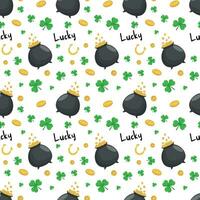 Seamless pattern with shamrocks, a pot of gold, coins,  horseshoes isolated on a white background. St. Patrick's Day Print. Vector illustration