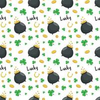 Seamless pattern with shamrocks, a pot of gold, coins,  horseshoes isolated on a white background. St. Patrick's Day Print. Vector illustration