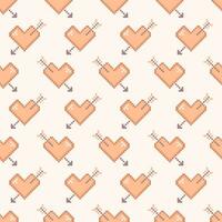 Pixel style hearts with arrow seamless pattern. Pixel hearts in peach fuzz color, retro video game design for Valentines Day vector
