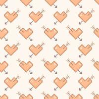 Pixel style hearts with arrow seamless pattern. Pixel hearts in peach fuzz color, retro video game design for Valentines Day vector