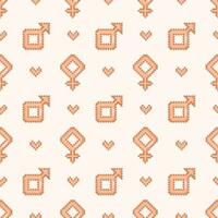 Pixel gender male and female symbols seamless pattern for Valentines day. Design in peach fuzz color vector