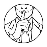 Man putting her forefinger to her lips for quiet silence. Making silence gesture shhh circle. Pop art comics style. Black and white vector illustration