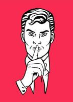 Man putting her forefinger to her lips for quiet silence. Making silence gesture shhh. Pop art comics style. Vector illustration red background