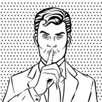 Man putting her forefinger to her lips for quiet silence. Making silence gesture shhh. Pop art comics style. Black and white vector illustration