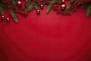 AI generated Christmas or New Year red background with fir decor. AI Generated photo