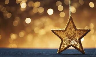 AI generated Sparkling Golden Christmas Star. Ornament Decoration Defocused Bokeh Background. AI Generated photo