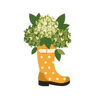 un amarillo caucho bota con un ramo de flores de flores hortensia floraciones en verano y primavera. vector, departamento, dibujos animados ilustración vector