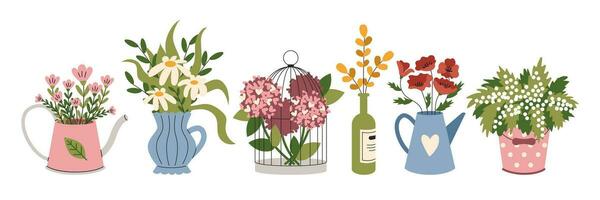 A set of different Colors in vases. Hydrangea, tulips, poppies. A cage and teapots. Vintage, retro. Vector, flat, cartoon illustration vector