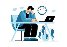 A sad, upset man is sitting at his desk in the office. The guy doesn't make it to the deadline. Cartoon, flat, vector illustration