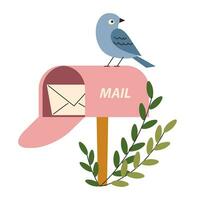 A cute pink mailbox with a letter. A bird and plants. Vintage, retro. Vector, flat, cartoon illustration vector