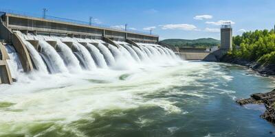 ai generado hidroeléctrico represa generando verde energía desde fluido agua. ai generado. foto