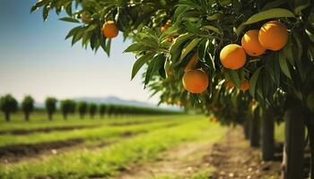 AI generated An orange tree is in the foreground with a farm field background. Generative AI photo