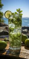 AI generated Stunning photo of cocktail mojito, a sunny summer beach in the background. Generative AI