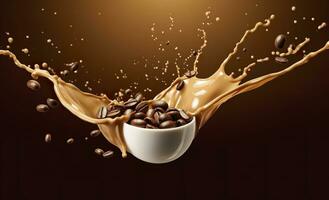 AI generated hot liquid coffee splash with Coffee Bean falling, 3d illustration. AI Generated photo