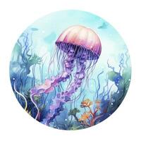 AI generated Jellyfish in an underwater landscape in a circle. AI Generated photo