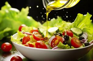 AI generated health benefits of healthy salad, in the style of precise detailing, smooth and shiny. AI Generated photo