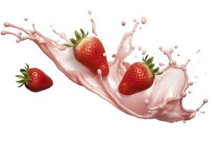 AI generated milk or yogurt splash with strawberries isolated on white background, 3d rendering. AI Generated photo