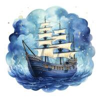 AI generated Night sea ship watercolor style for T-shirt design. AI Generated photo