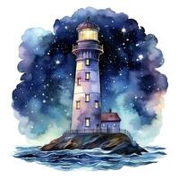 AI generated Lighthouse beside the sea at Night. watercolor for T-shirt design. AI Generated photo