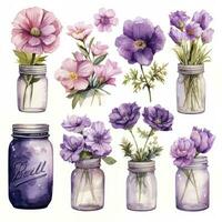 AI generated Collection of watercolor mason jars with purple flowers clipart. AI Generated photo