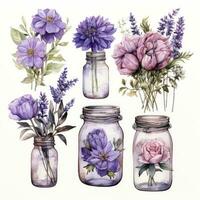 AI generated Collection of watercolor mason jars with purple flowers clipart. AI Generated photo