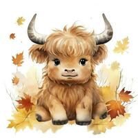 AI generated Happy cute baby highland cow in autumn leaves in the watercolor style. AI Generated photo