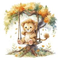 AI generated Cute and happy baby lion on swings on the tree in watercolor style. AI Generated photo