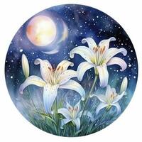 AI generated Watercolor fairy lilies blooming under a starry night sky on a white background. AI Generated photo