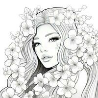 AI generated A girl on a coloring book page with Jasmine flowers. AI Generated photo