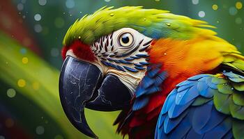 AI generated Tropical macaw perched, vibrant feathers in focus. Generative AI photo