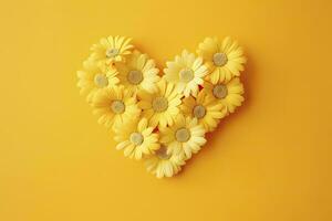 AI generated Yellow Heart Shaped By Yellow Daisies Over Yellow Background. AI Generated photo