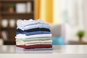 AI generated Stack of clean clothes on table in room. Generative AI photo