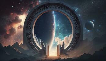AI generated Portal to another world. Futuristic cosmic landscape with circle tunnel in starry sky. Generative AI photo