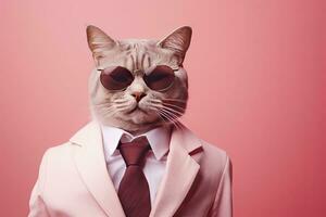 ai generado un gato es vistiendo Gafas de sol y traje en rosado antecedentes. ai generado foto