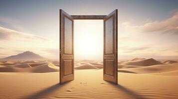 AI generated The opened door on the desert. Unknown and start up concept. AI Generated. photo