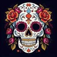 AI generated Mexican roses skull. Mexican roses skull. Dia de los muertos shugar colorful head. AI Generated photo